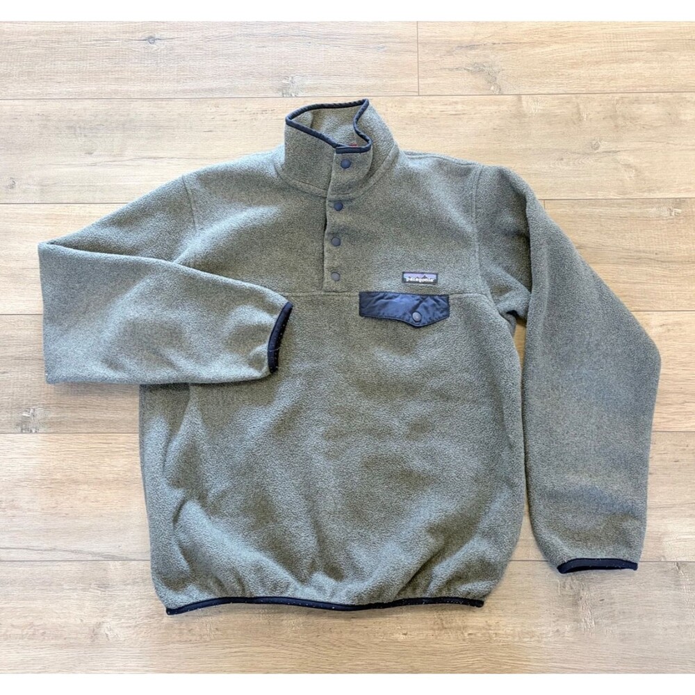 Patagonia Women’s Synchilla Snap T Fleece Pullover Sz S Grey Navy Sweater Jacket
